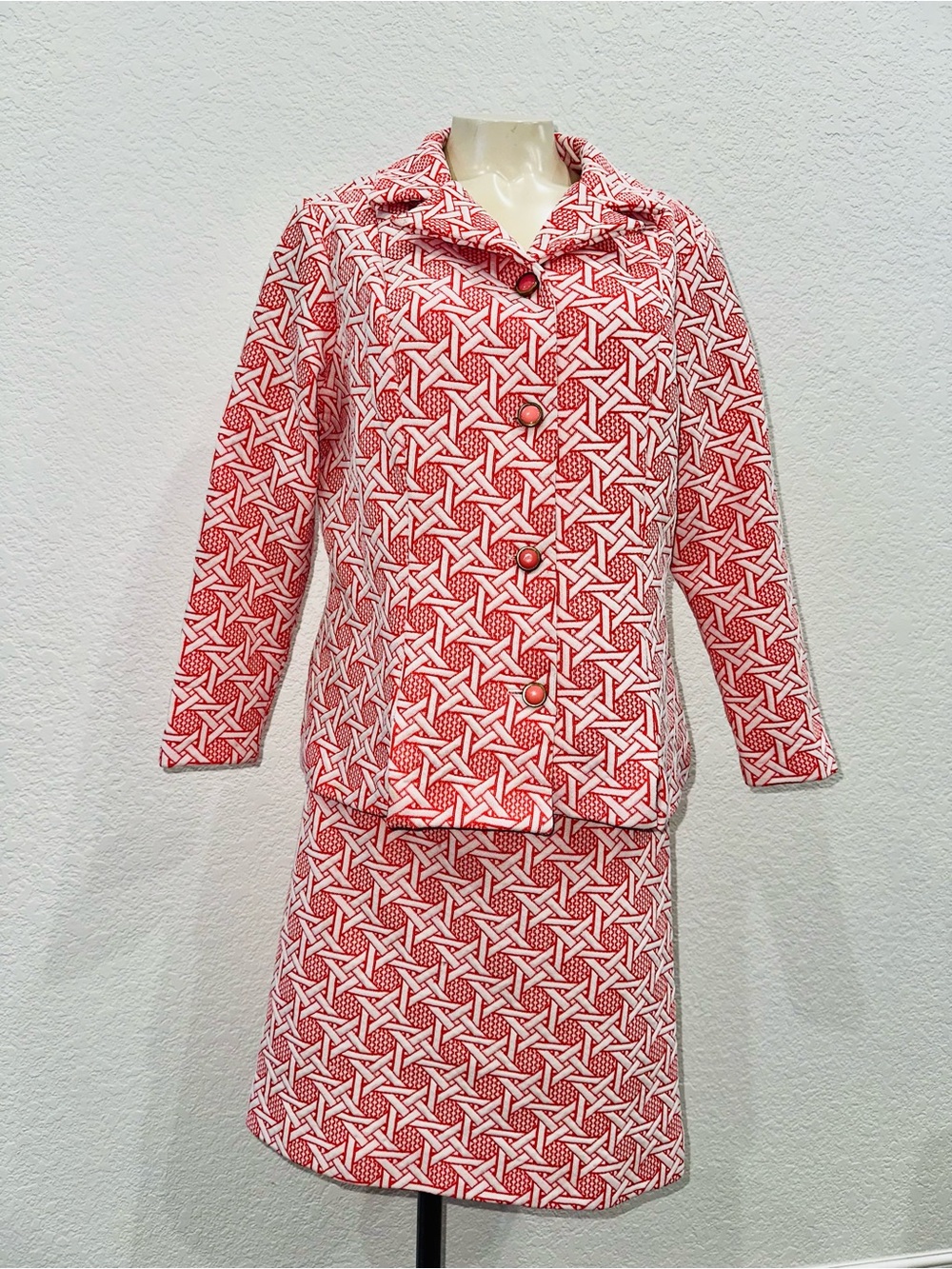 Red Patterned Women's Blazer and Skirt Set